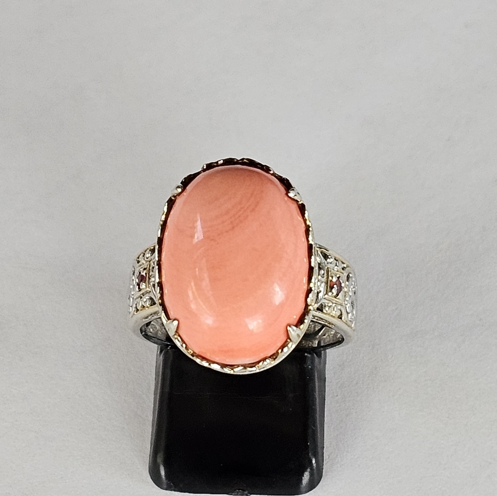 Vintage Michael Valitutti Coral & Ruby Accent Ring in Sterling & 18k Size 7.5!